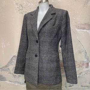 Bloomingdale’s 6 Blazer English prep luxury houndstooth plaid grey 100% Cashmere